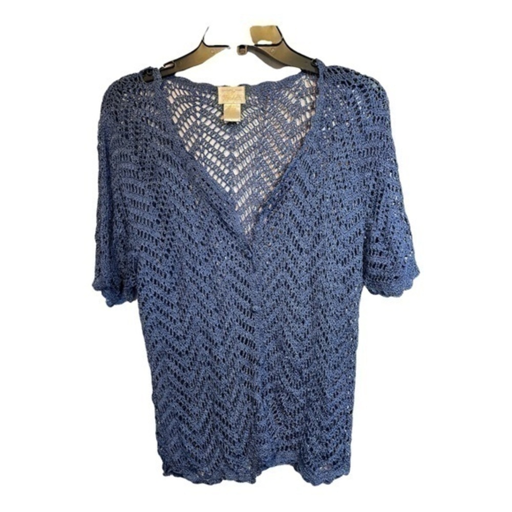 Kroshetta Womens Blue Crochet Cardigan Button Down V-Neck Size Large Grandmacore